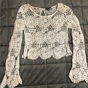 INC Sizr Small Crochet Lace Long-Sleeve Top in White